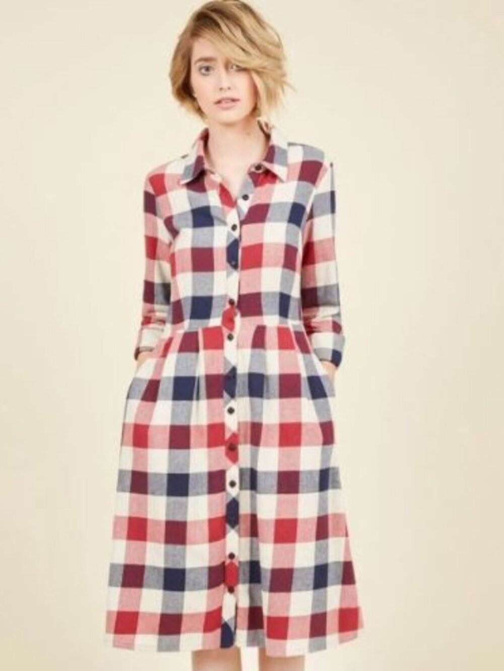 ModCloth M Red Blue White Plaid Button Up Dress